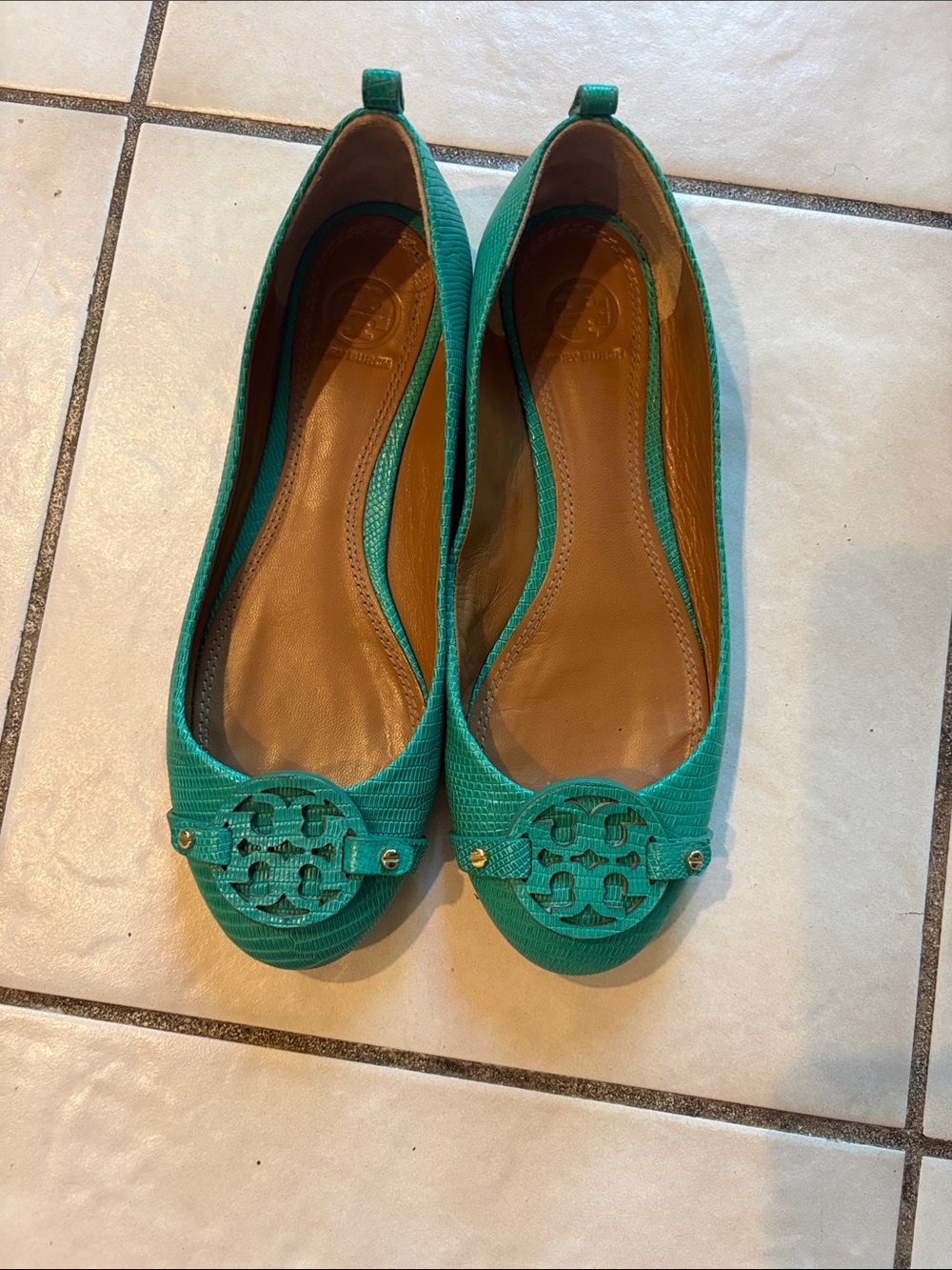 Tory Burch Matte Micro Tejus Print Mini Miller Flat in Pond Green